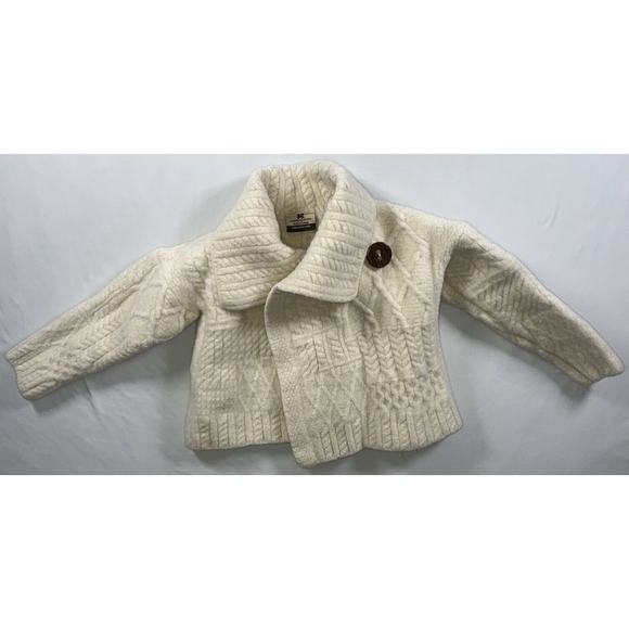 Carraig Donn Irish Wool Fisherman Cream Sweater Cardigan Kids Size M Cable Knit - Picture 10 of 10